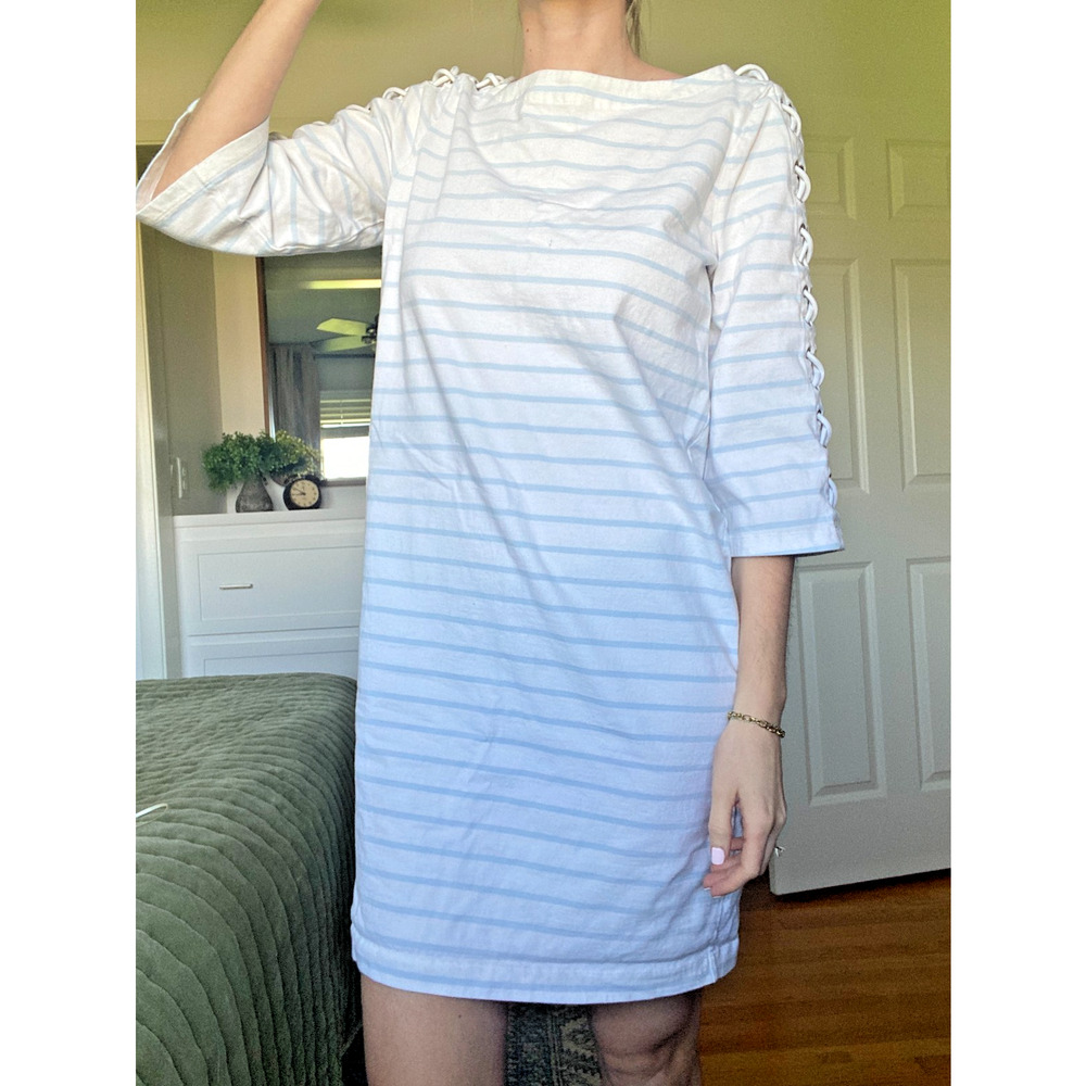 Ralph Lauren Dress Women's Large White/Blue Boat Neck Shift Dress~Laced Sleeves